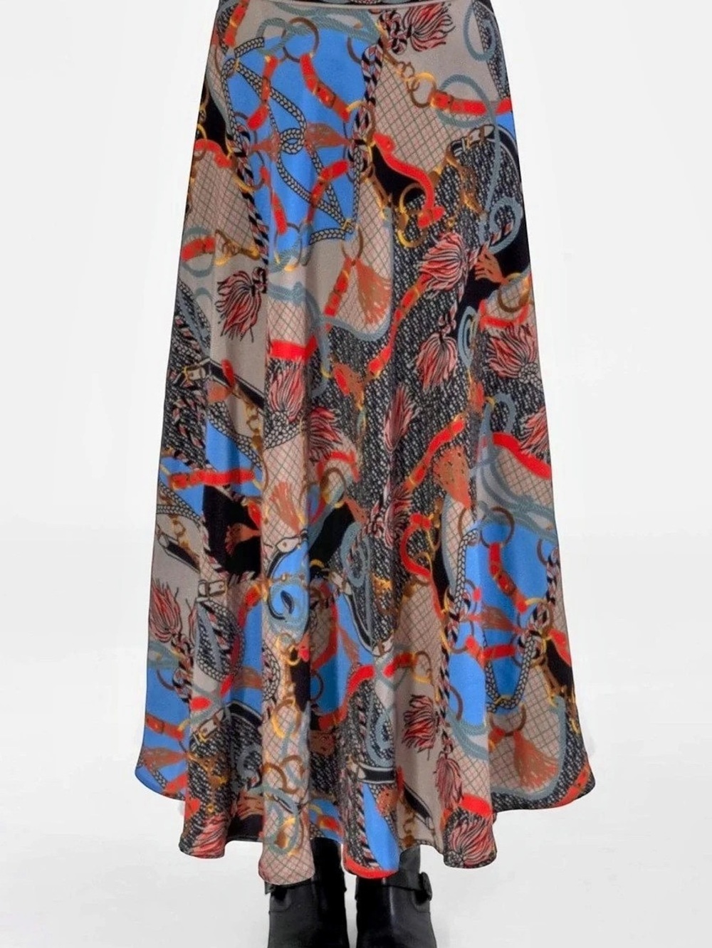 Gretchen Scott Ditto Black Bardot Skirt Chain/Scarf Print Maxi Skirt Large NWT